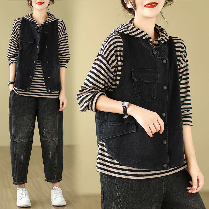 大码宽松文艺下摆不规则做旧牛仔马甲女休闲风设计感坎肩春秋季