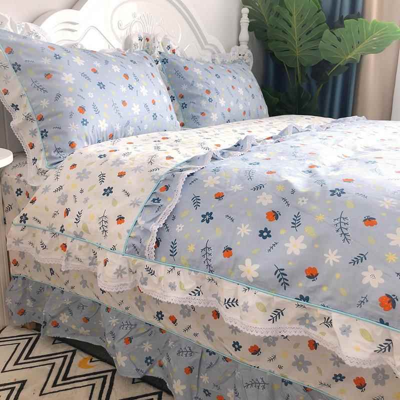 高档韩式网红款全床棉小1清新小碎蕾丝花边四件套纯棉花单被套.8m