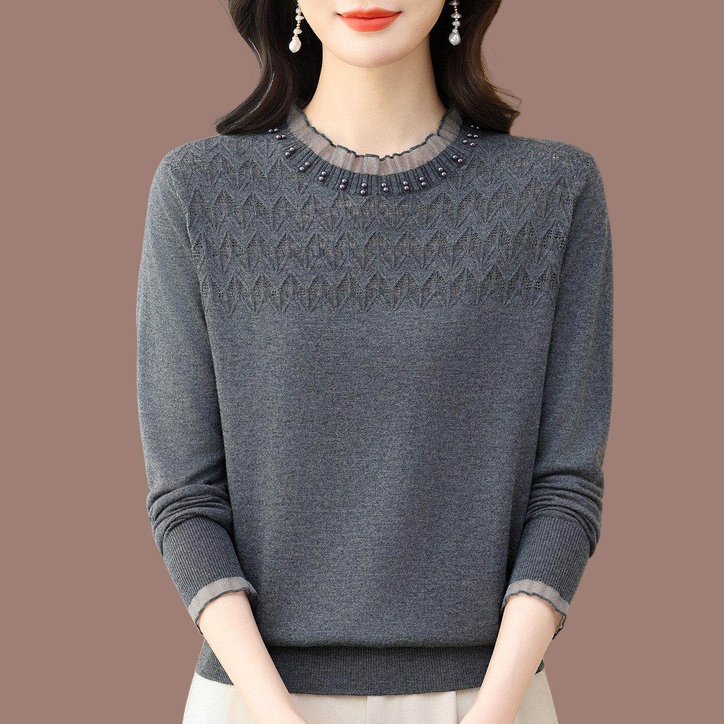 妈妈装薄款桑蚕丝长袖T恤女春季新款洋派蕾丝上衣宽松针织打底衫