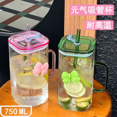 耐高温玻璃杯大容量吸管水杯高硼硅家用带把手牛奶咖啡杯喝水杯子