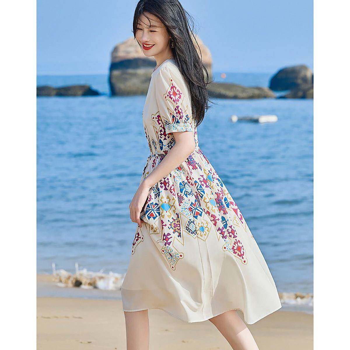 真丝碎花洋装女2026夏季新款圆领短袖系带伞裙印花中长版裙子