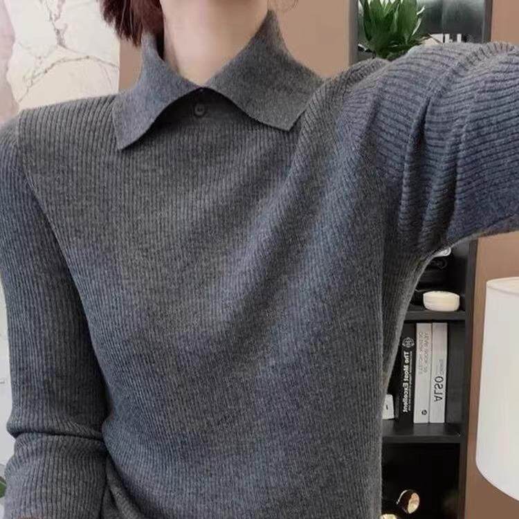 洋气秋冬感翻领毛针织衫女内搭修身显瘦上衣打底衫1216h