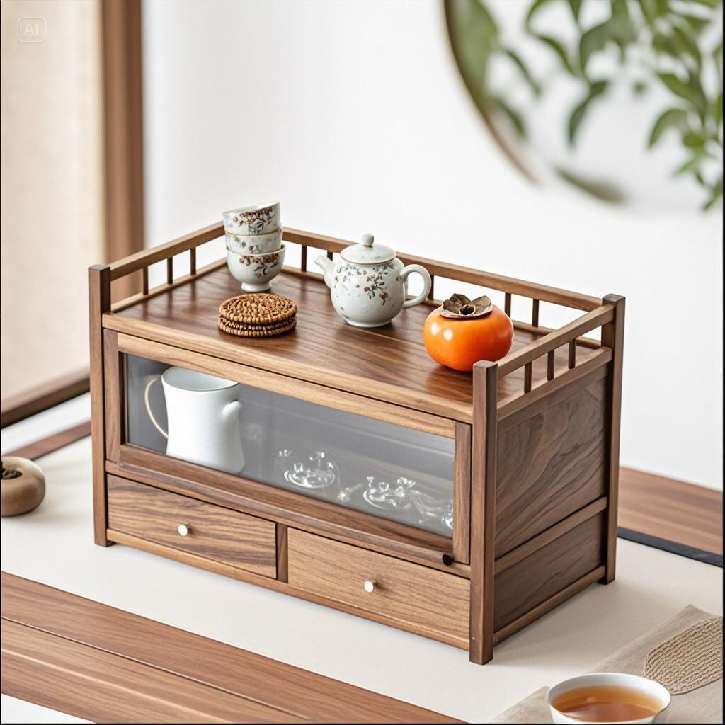 烨行北美黑胡桃木茶饼收纳柜大号普洱茶盒博古架茶桌茶具置物框