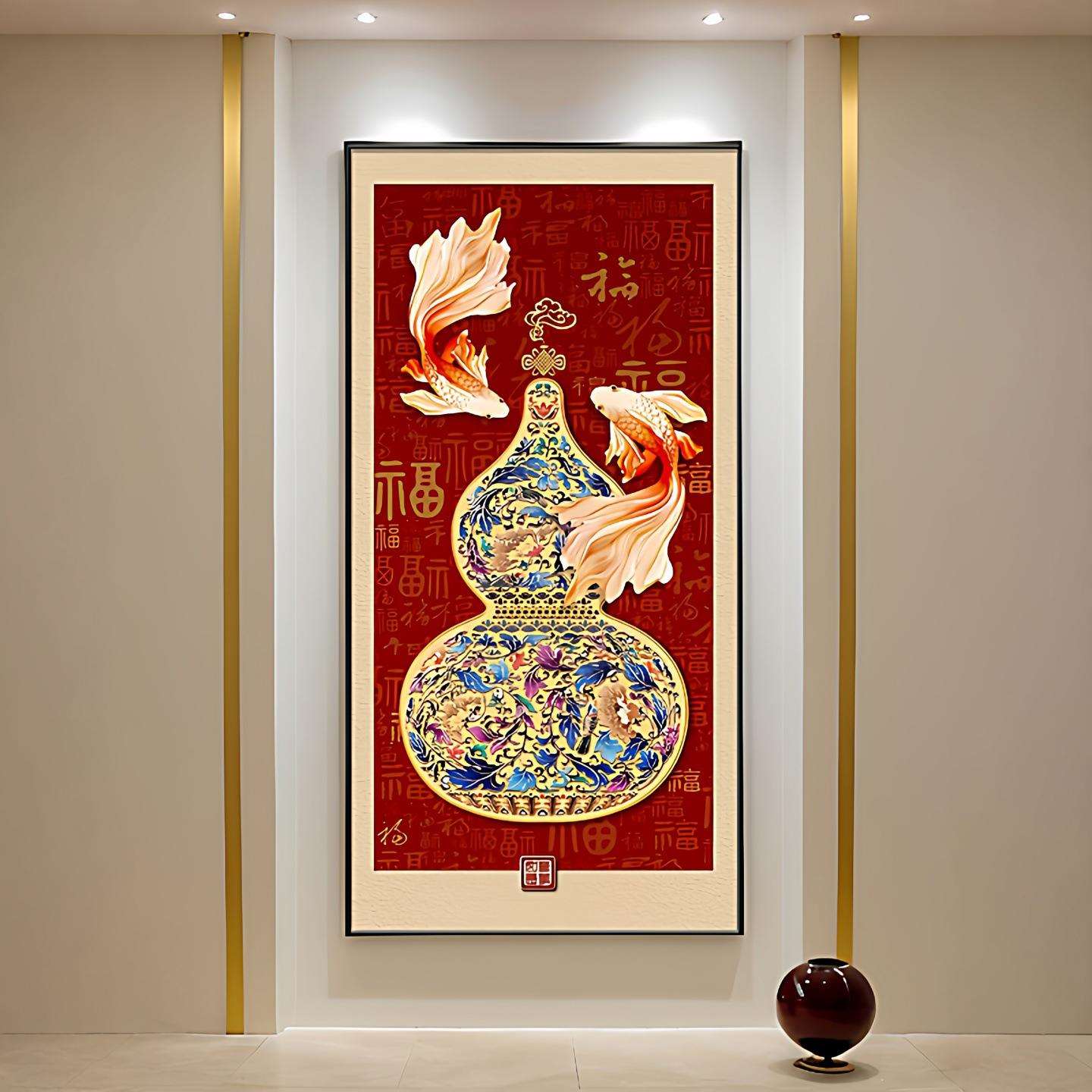 新中式福禄葫芦玄关挂画客厅过道壁画红色百福图入户正对门装饰画