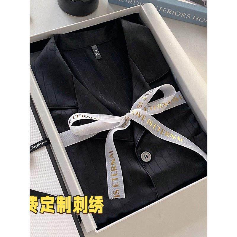 刺绣中国情人节男友礼物长袖睡衣男士生日情人节优雅的春秋丝绸套