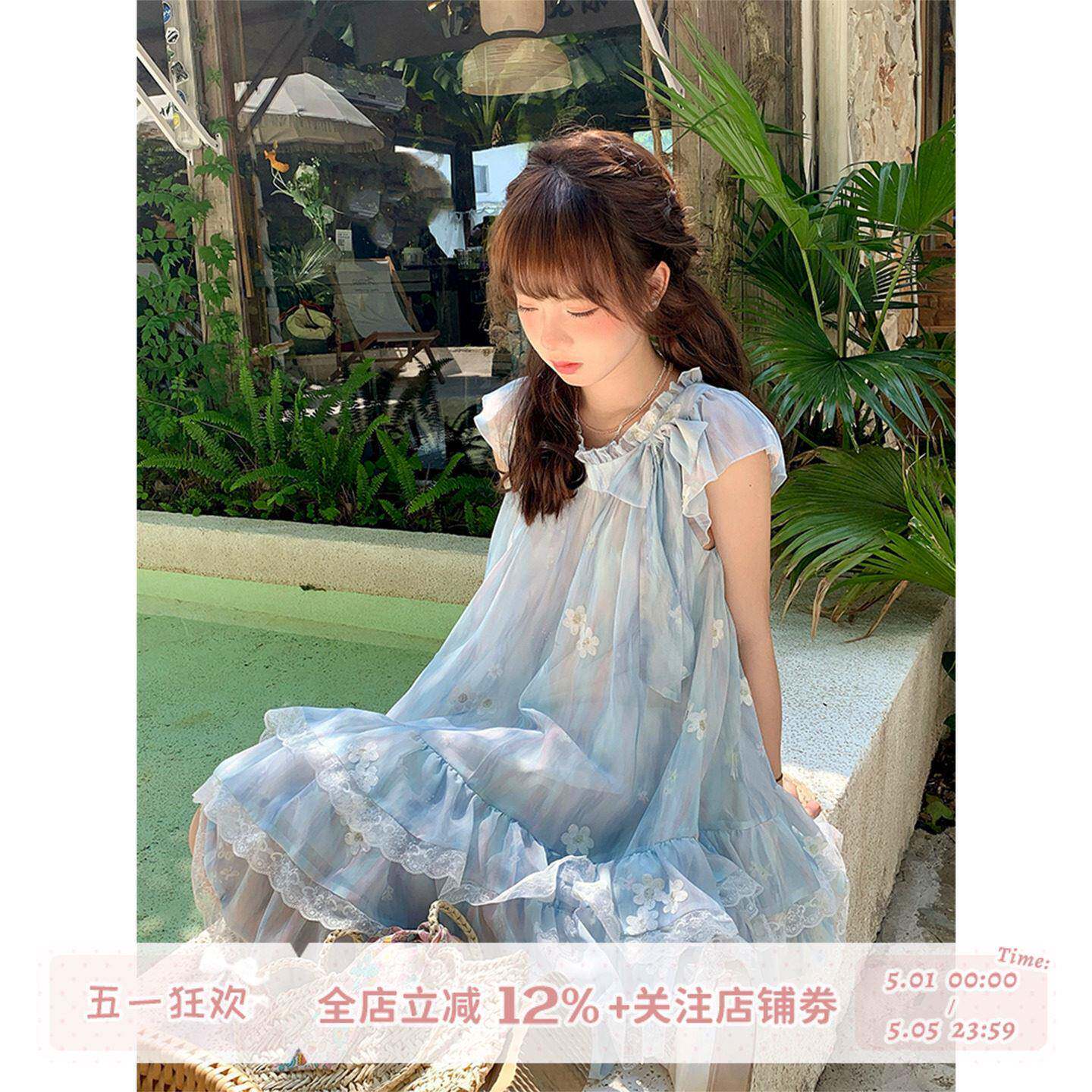 sinsingirl 仲夏花语 裙子女夏季仙女新款蓝色波浪花边短袖洋装