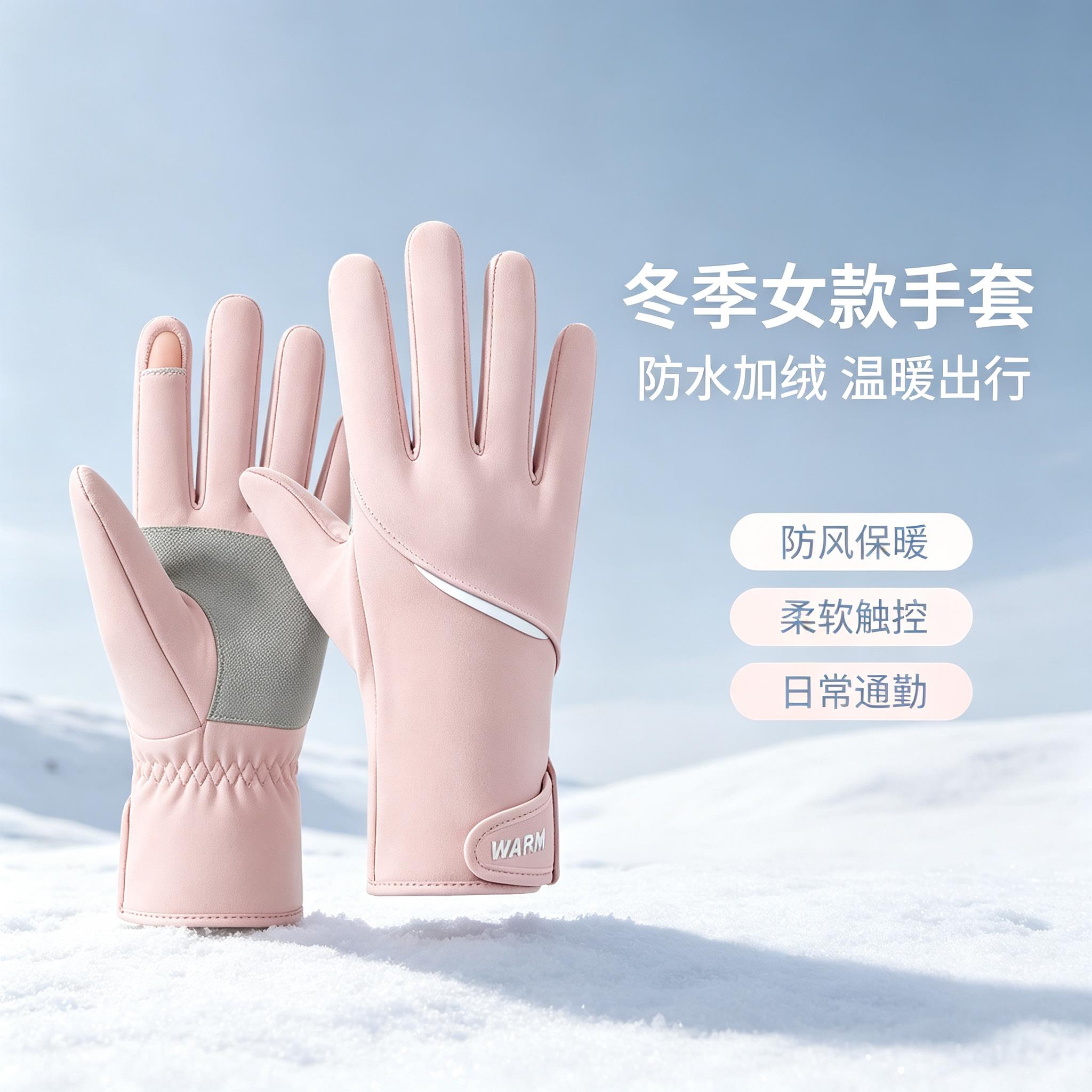 冬季保暖手套女款加绒加厚户外骑行开车防滑漏指触屏运动防水防风