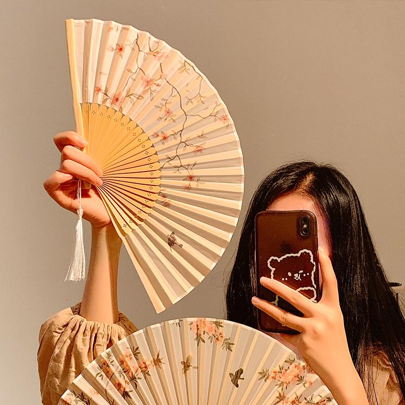 新中式古风海棠折叠小扇子女夏天国风汉服拍照随身携带折扇高颜值