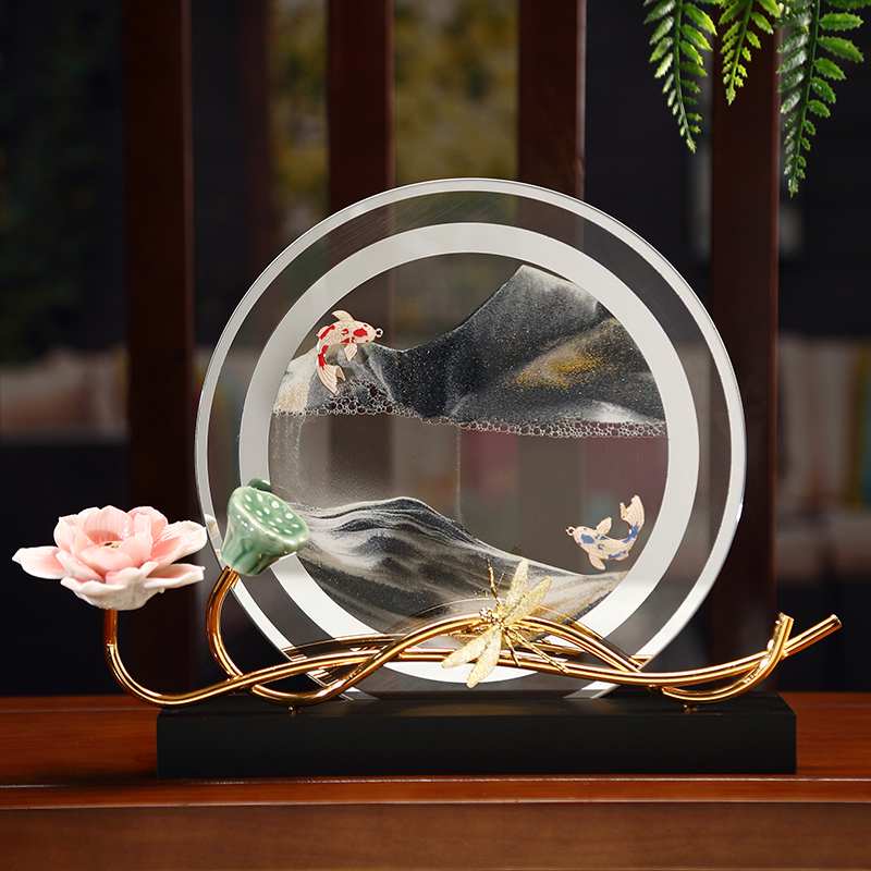 新中式荷花流沙画沙漏摆件客厅电视柜酒柜办公室装饰乔迁新居礼品图片