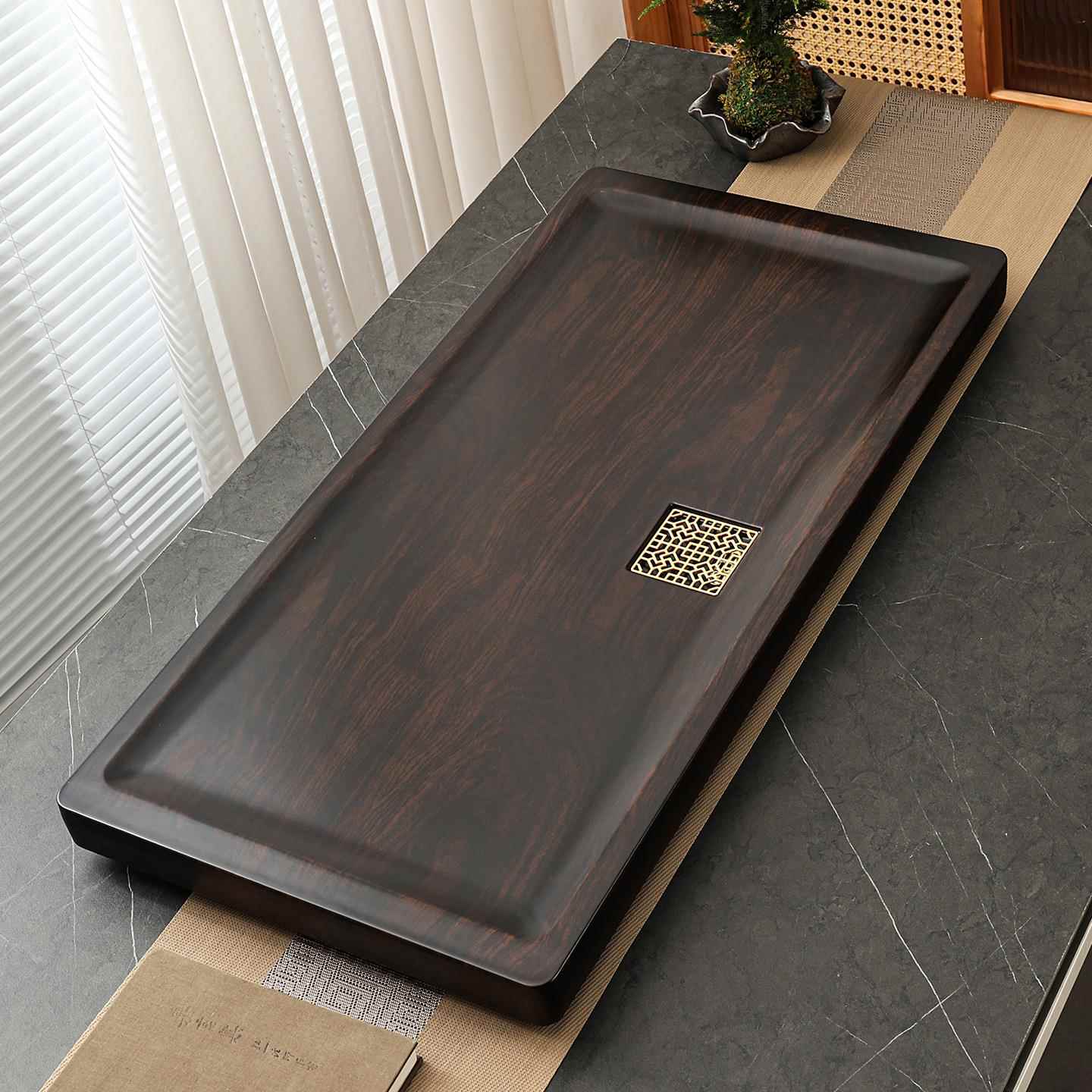 黑檀木茶盘实木家用新款小型带排水办公室整块原木茶托盘茶台茶海