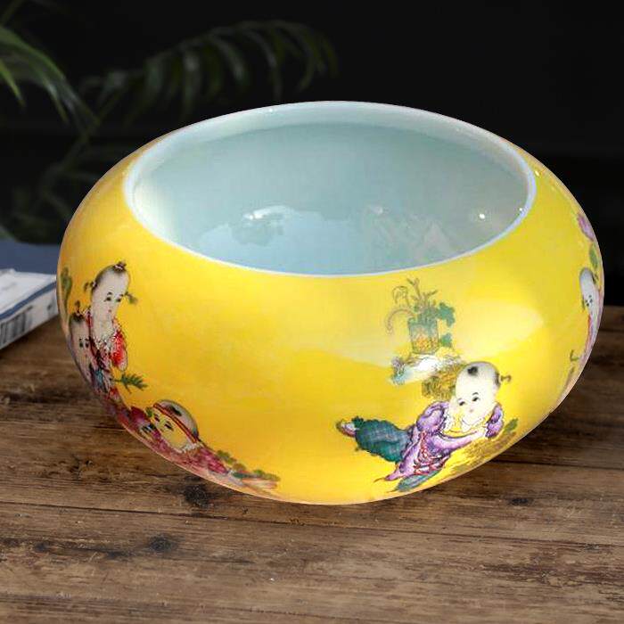 正品金鱼缸景德镇陶瓷莲器百童子图子鱼客缸乌龟缸睡一叶莲厅书房