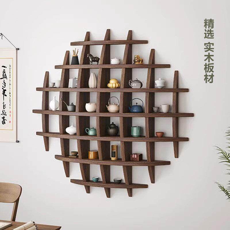 实木中式挂墙茶杯架壁挂式博古架墙上多宝阁格子置物架摆件展示架