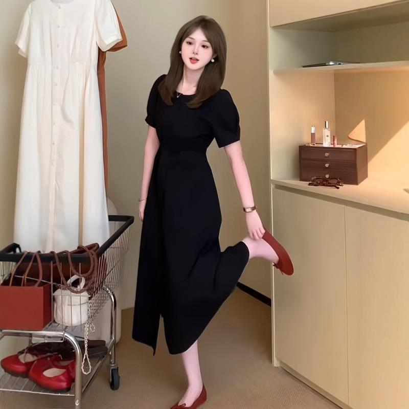小个子短袖连衣裙2025新款裙子女夏今年流行爆款法式褶皱收腰长裙