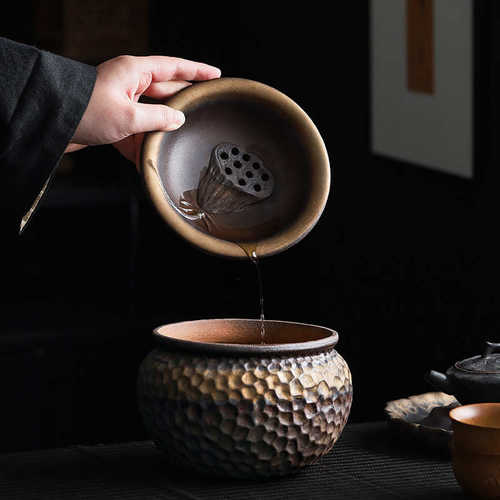 复古建水家用陶瓷茶室大号茶渣缸干泡台废水缸茶洗茶渣缸带盖过滤