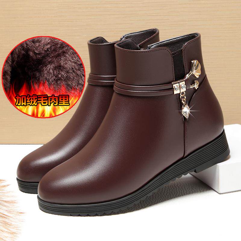 正品妈平妈鞋老棉鞋加绒保暖真皮底底低跟女软士棉皮鞋短靴子中年