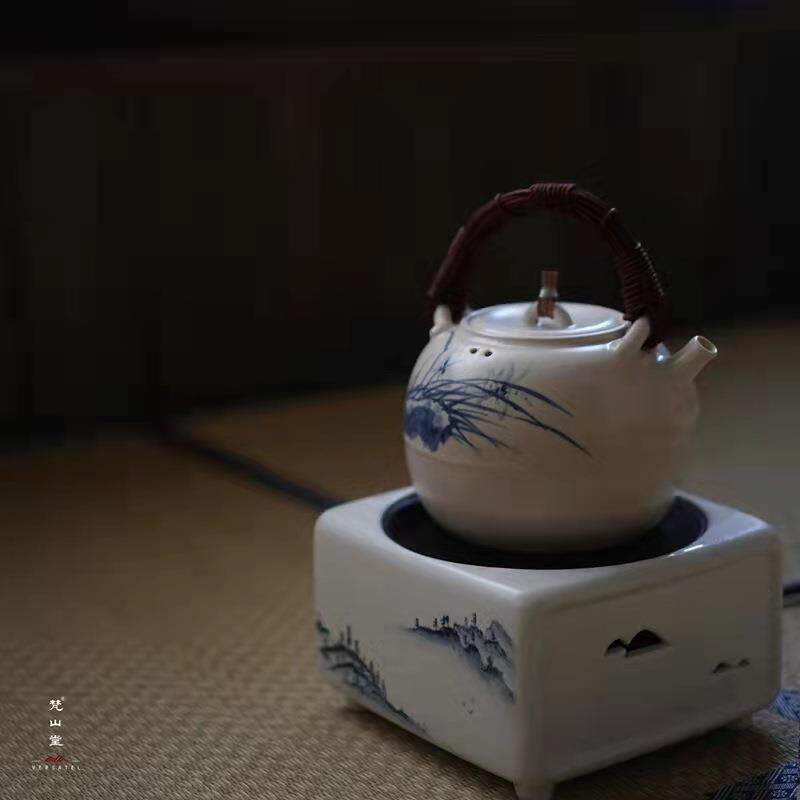 梵山堂 苏打釉青花竹叶山水四方电陶炉诗文圆茶炉煮茶器茶炉茶壶