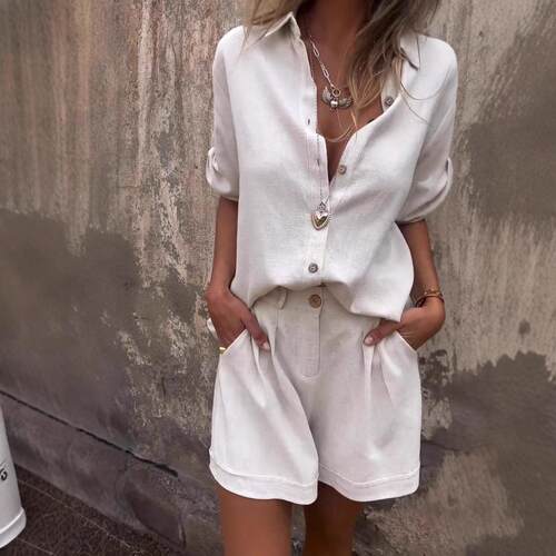 Cotton and linen short sleeved shorts women's set