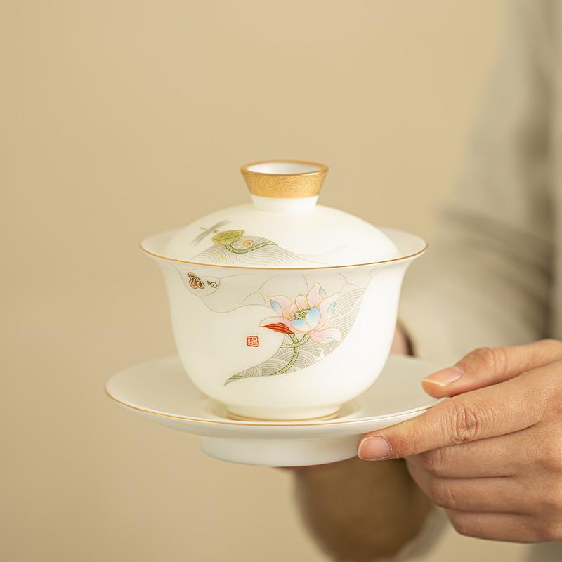 素雅冰种羊脂玉瓷三才盖碗陶瓷茶具泡茶碗闷茶碗敬茶碗家用盖碗