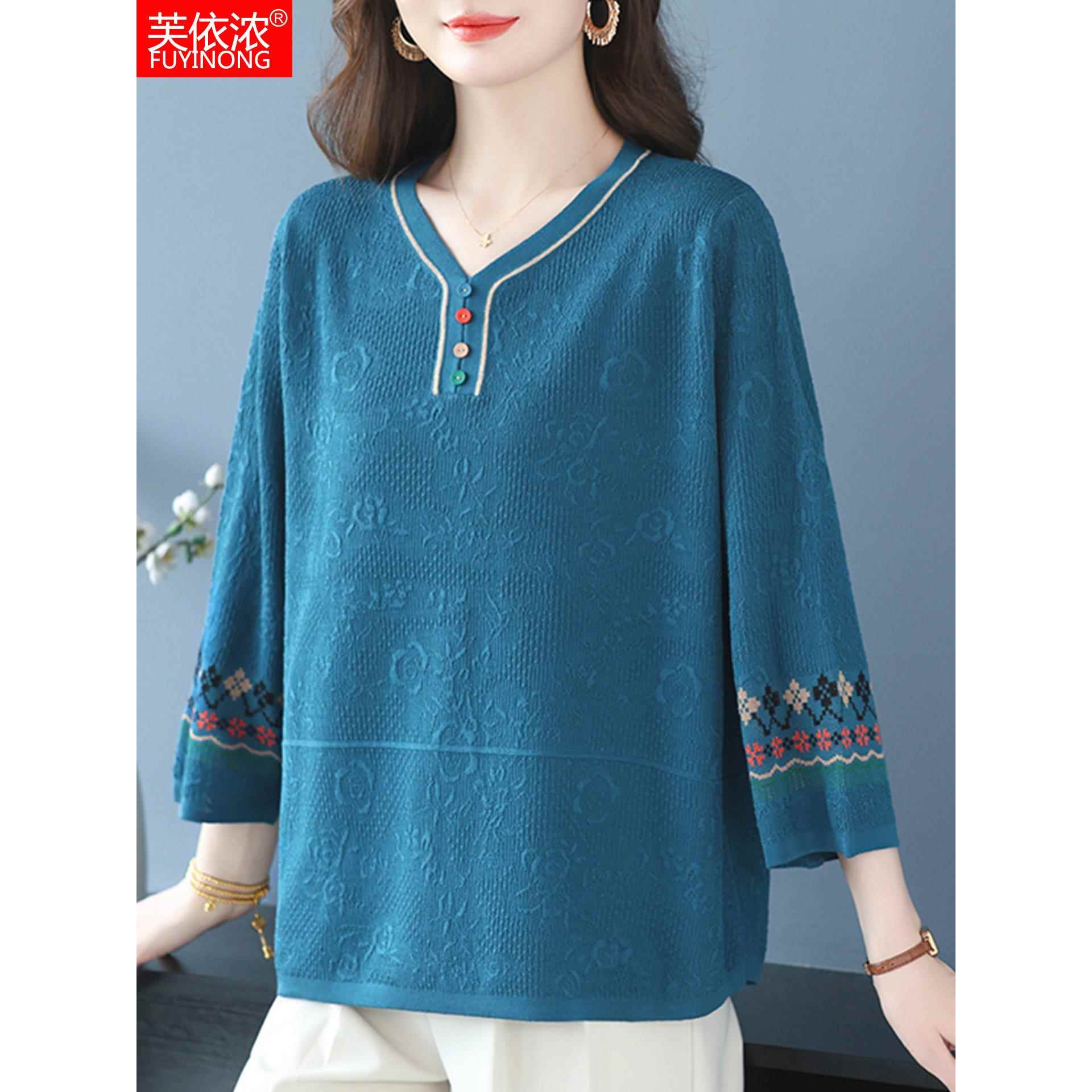 胖妈妈特大码女装秋装宽松遮肚上衣中老年春秋七分袖针织打底小衫