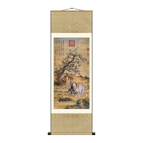 国画仿古挂轴清郎世宁神骏八马图书房装饰挂画开泰图丝绸画
