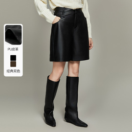 ELLE黑色法式设计感高腰显瘦休闲短裤女2023冬装高级感皮裤