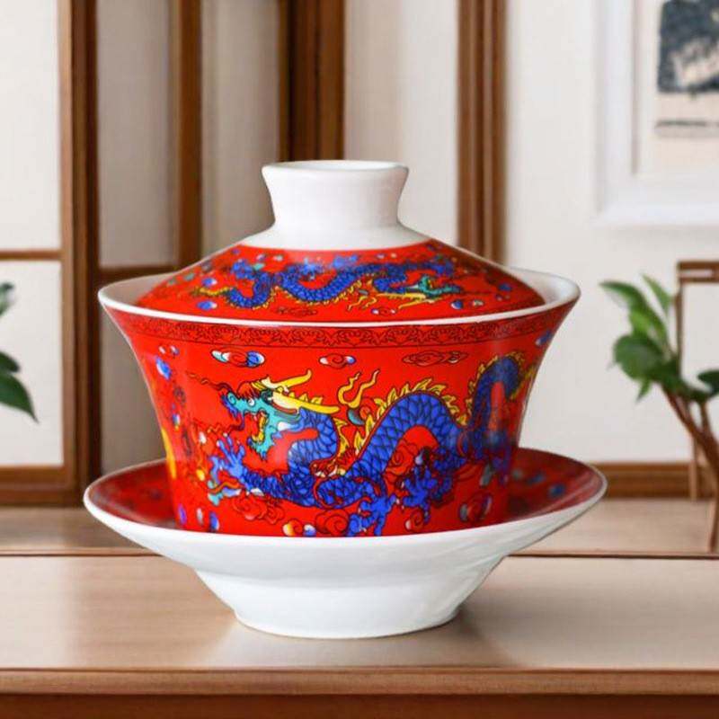 4英寸青花陶瓷三才盖碗 戏珠双龙三炮台八宝茶大碗火锅店茶碗茶具