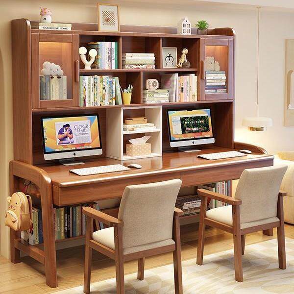 书柜书桌实木学生学习双人电脑桌家用书架写字组合桌一体桌椅儿童
