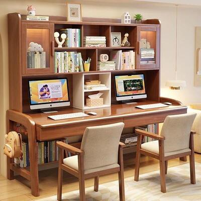 合书柜桌实木学生学习双人电脑桌用书架AYM书写家字组桌一体桌椅