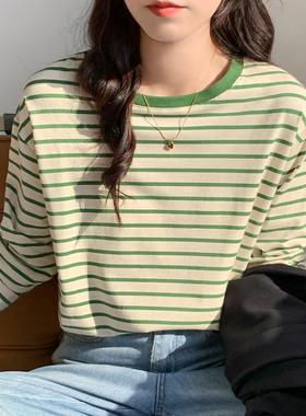 2026春季新款小清新绿色条纹长袖t恤女宽松打底衫上衣潮0105w
