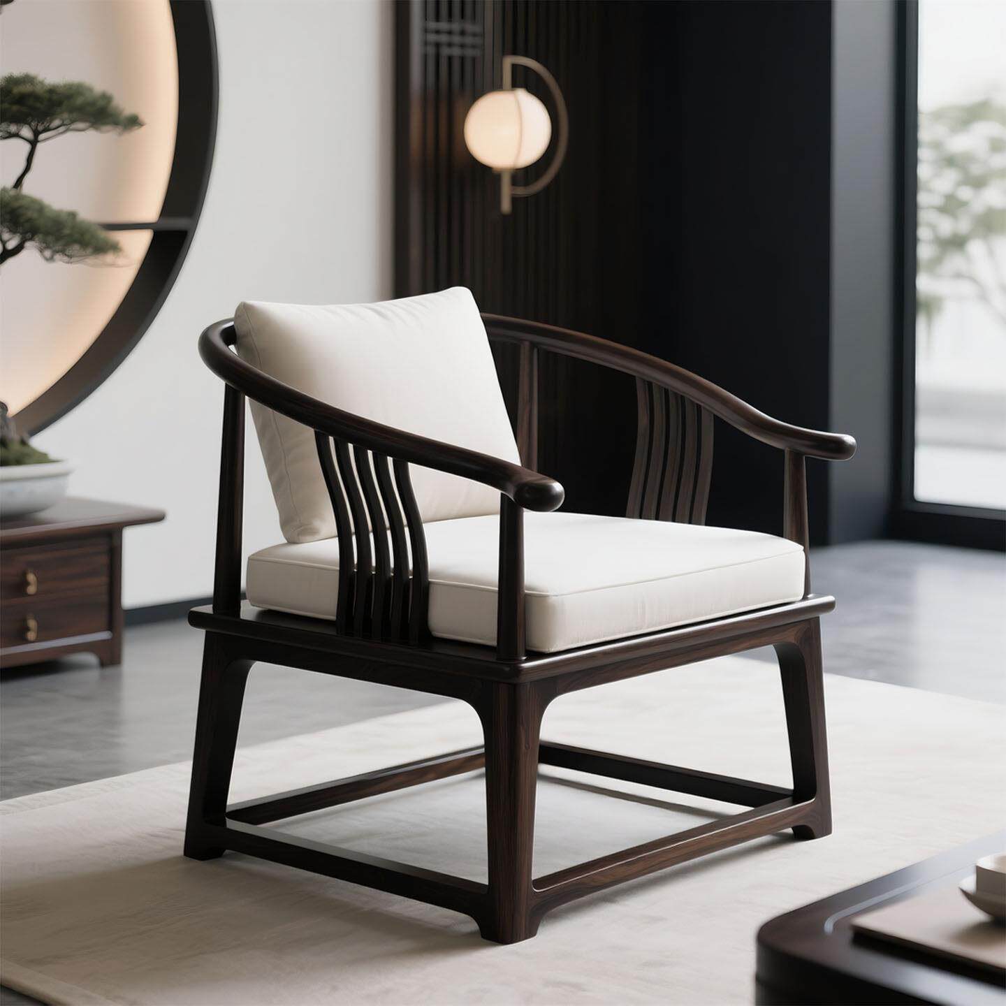 新中式乌金木休闲椅全实木阳台布艺单人椅轻奢沙发椅别墅客厅家具