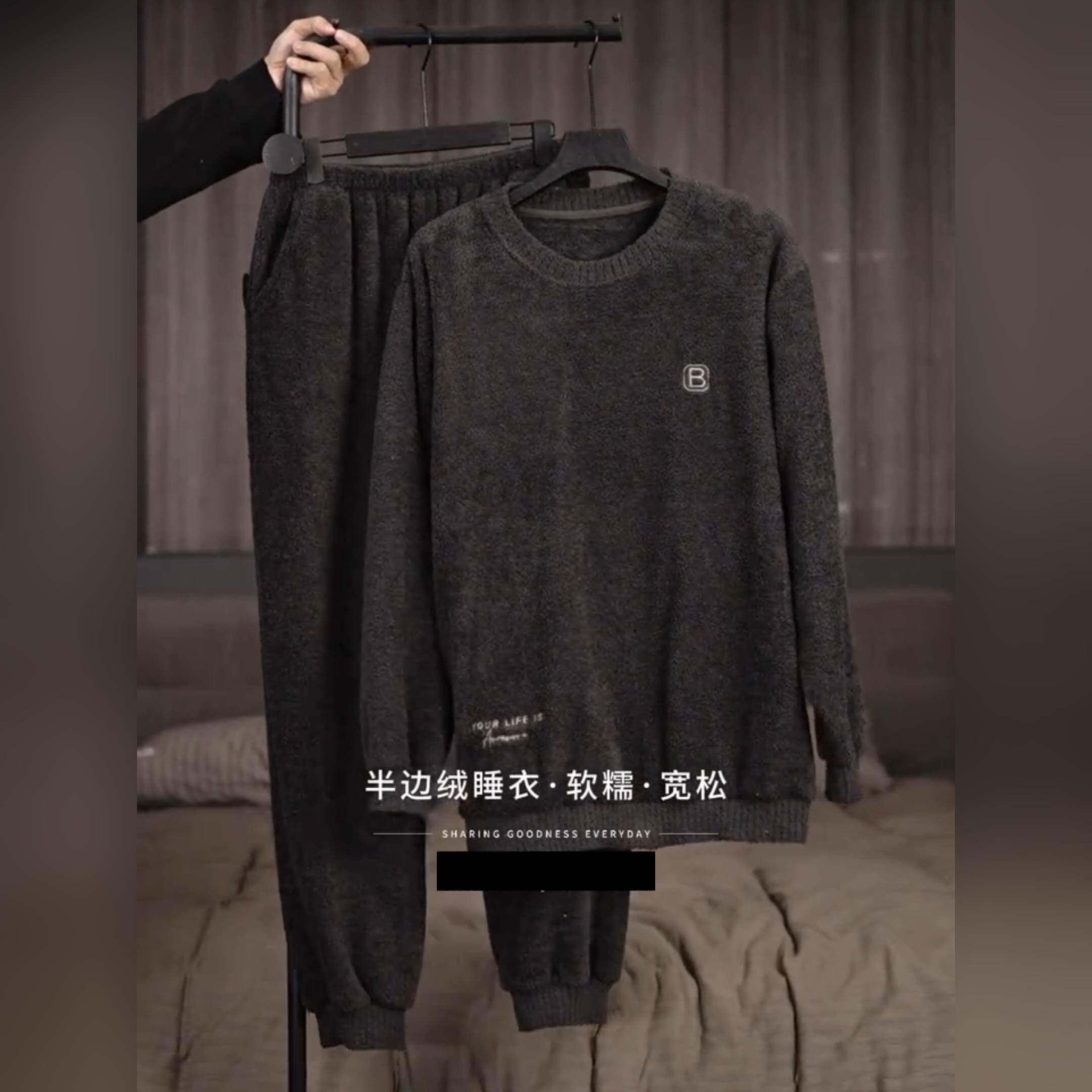 韩版潮流男士圆领套头半边绒睡衣秋冬休闲运动风可外穿家居服套装