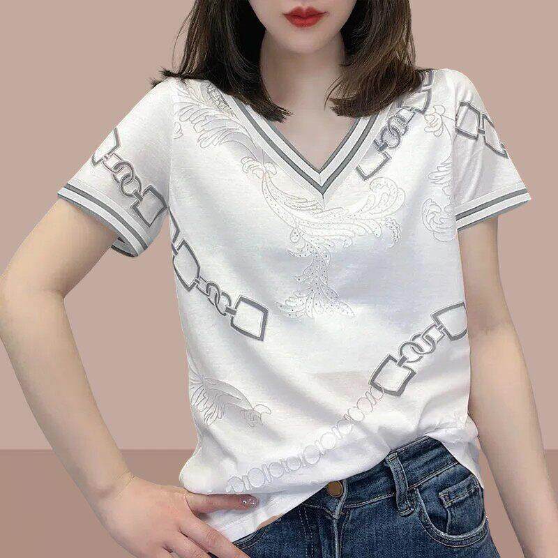 韩国纯棉印花短袖t恤女2026夏季新款洋气百搭休闲宽松显瘦v领上