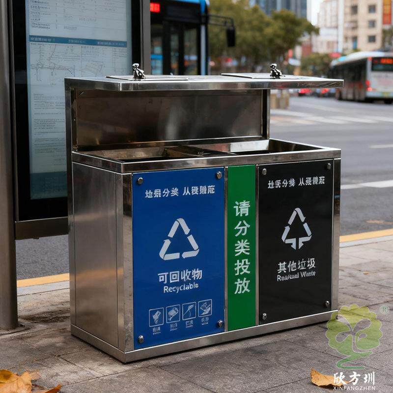 户外新楼盘小区公园环卫两连体镜面不锈钢分类垃圾桶金属果皮箱