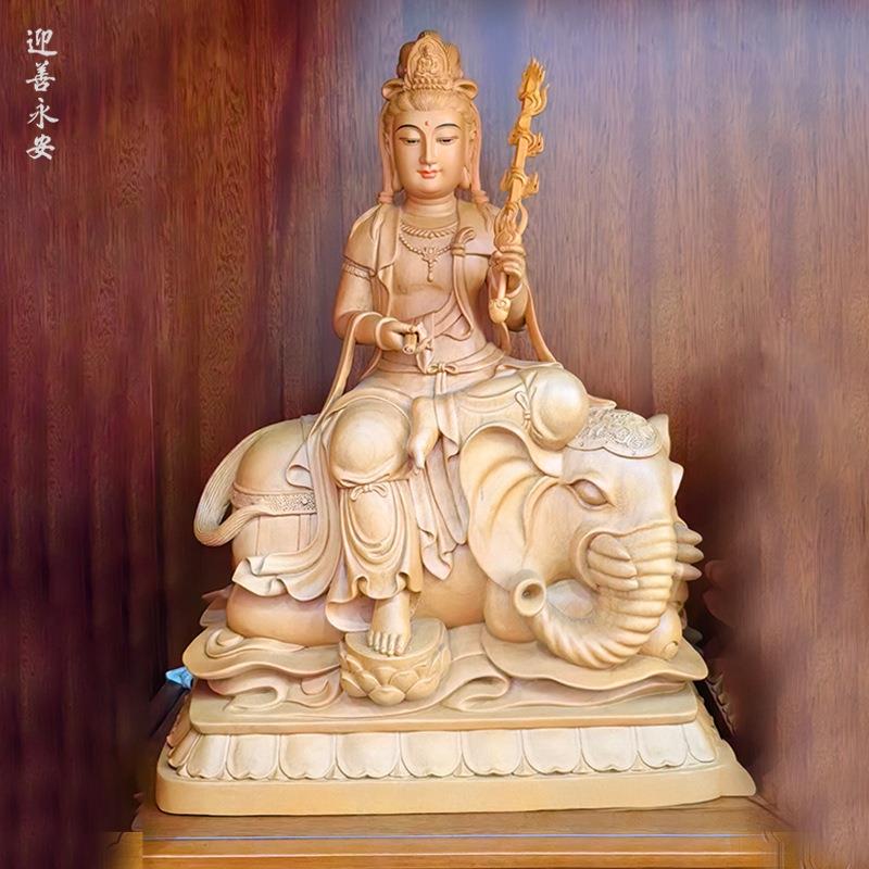 文殊普贤香樟木雕刻二度漆华严三圣家用供奉摆件厂家直销迎善永安