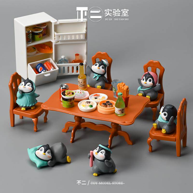 迷你厨房餐桌冰箱微缩仿真家具食物模型小企鹅动物摆件过家家玩具