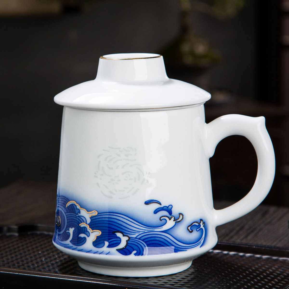 活动礼品手工青花办公杯大容量过滤家用陶瓷杯景德镇陶瓷茶杯批发