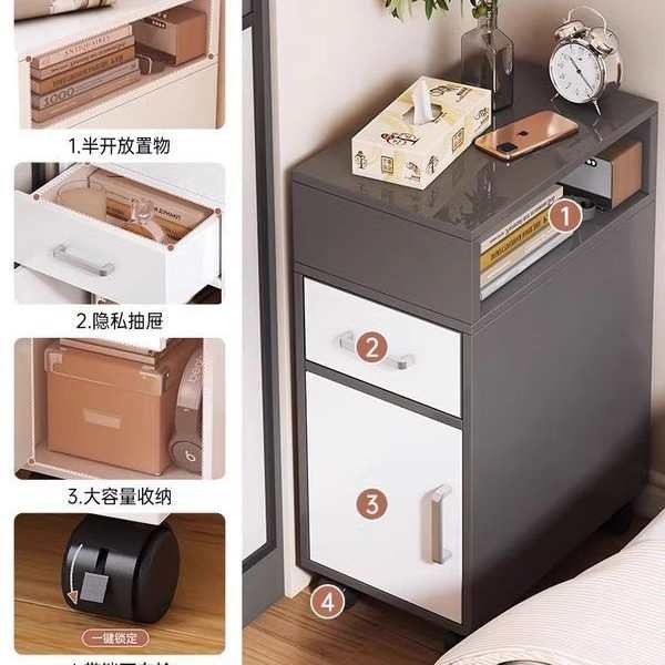 床头柜现代简约小型带滚轮可移动卧室床边窄缝储物柜子简易置物架