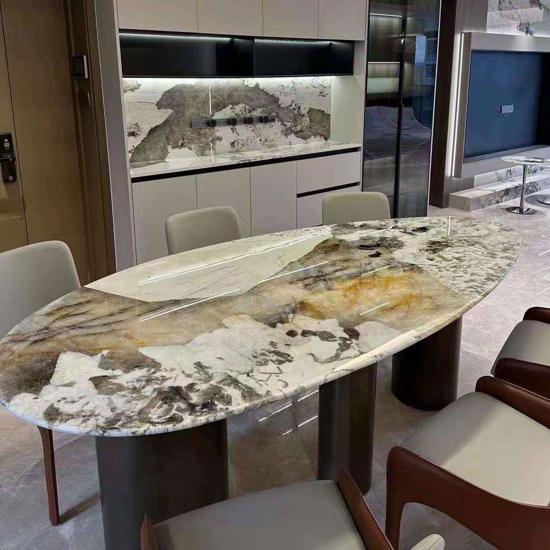 潘多拉大理石餐桌水滴形茶几台面加工天然大理石桌面透光石