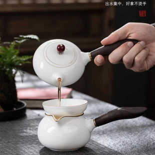 羊脂玉白瓷侧把茶壶家用过滤泡茶器檀木创意陶瓷茶具玉瓷分茶器壶