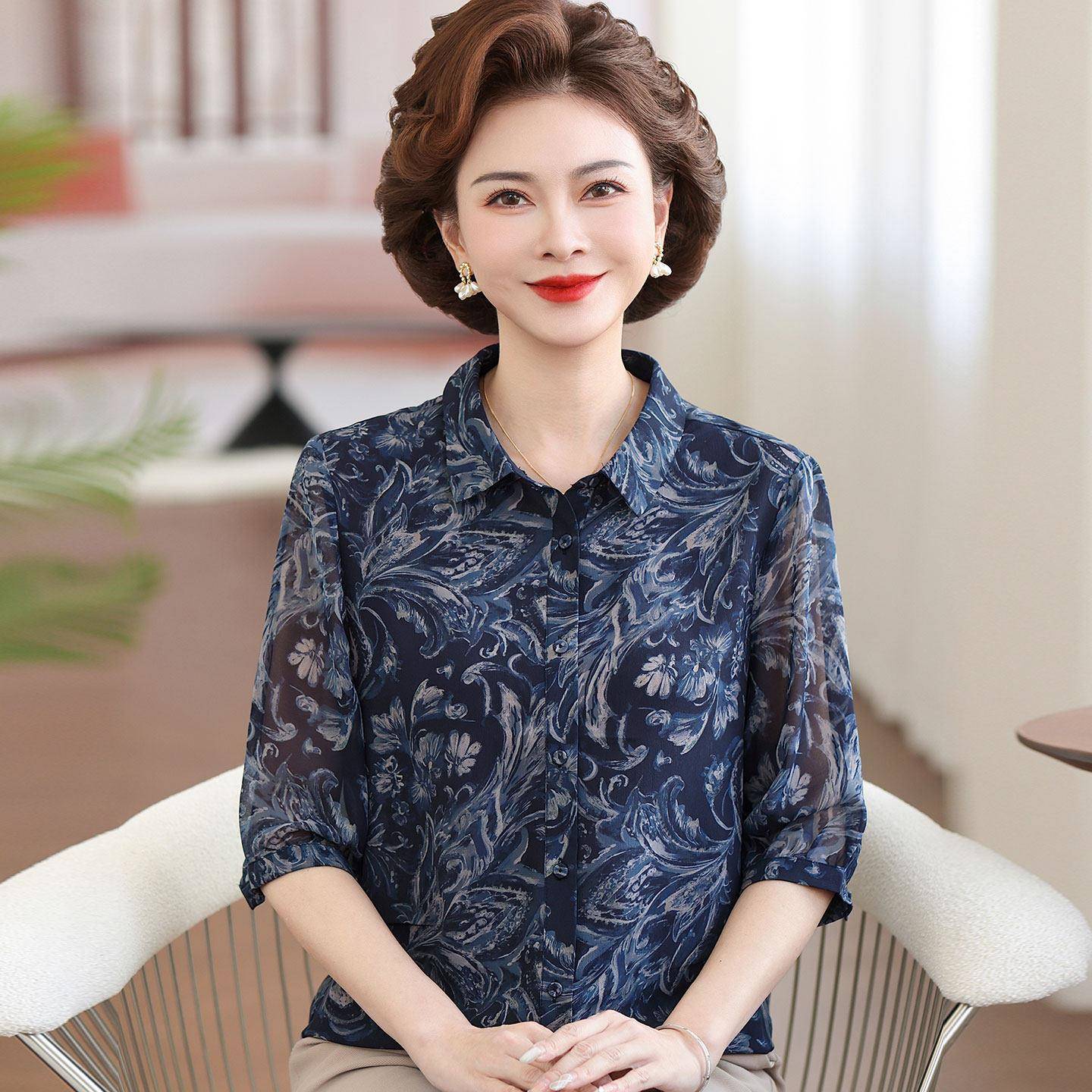 气质中年衬衫女开衫夏装桑蚕丝100%套装妈妈印花真丝翻领上衣薄款