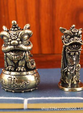 黄铜功夫舞狮战鼓复古中国风醒狮做旧迷你实心古玩把件桌面小摆件