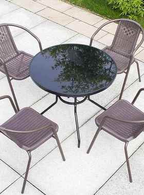 露天休闲桌椅户外庭院桌椅带伞藤椅阳台小茶几铁艺三件套室外椅子