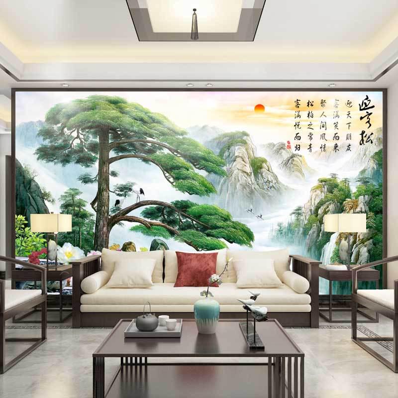 定制中式电视背景墙纸3d立体迎客松办公室墙贴客厅山水风景画自粘