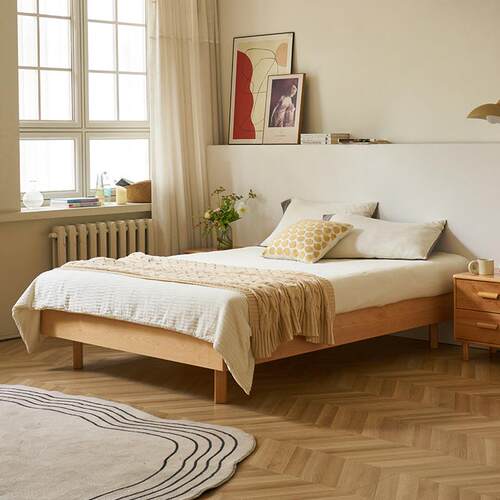 榉木纯实木小户型无床头卧室实木床简约悬浮床静音床板榻榻米床