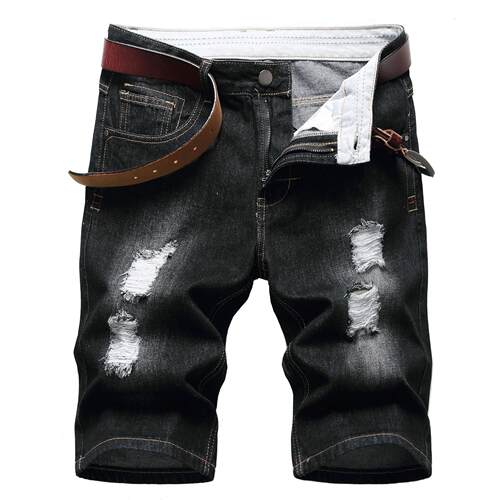 Men's denim shorts, cotton ripped holes, light colored