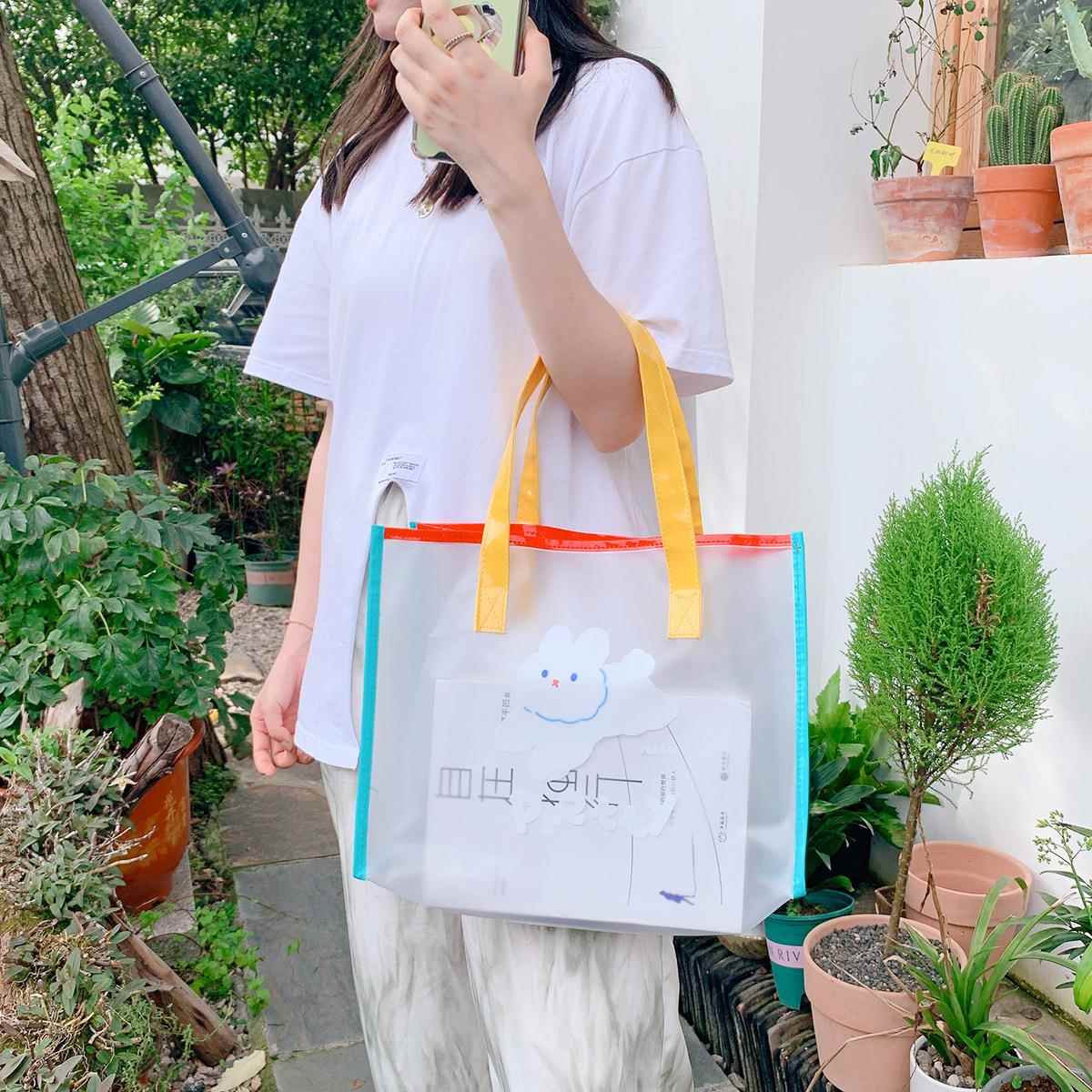 艺蓝ins风沙滩包夏季少女心糖果色手提袋可爱挎包卡通透明单肩包