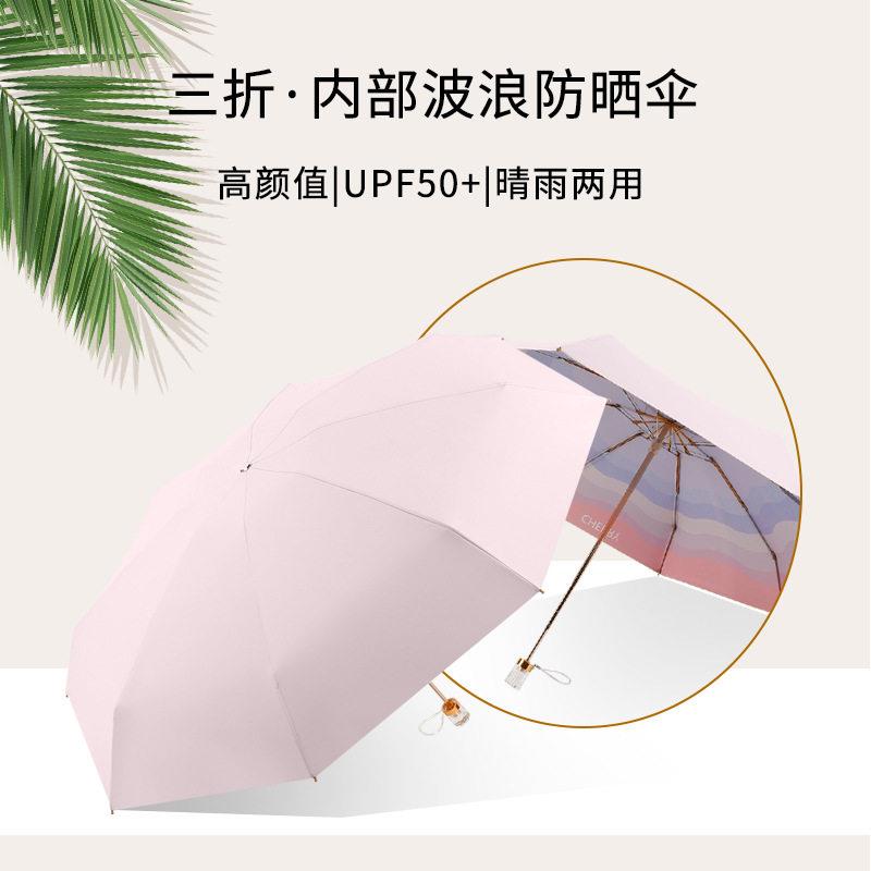 新款直销新款便携全自动雨伞透明手柄五折雨伞波浪防晒防紫外线晴