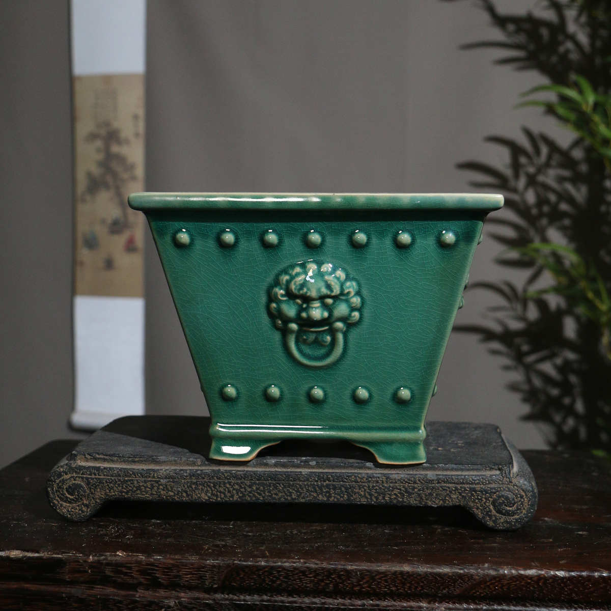 紫砂花盆正方形四方兽面狮子兽钮鼓丁陶瓷盆景盆觅陶乡文堂盆