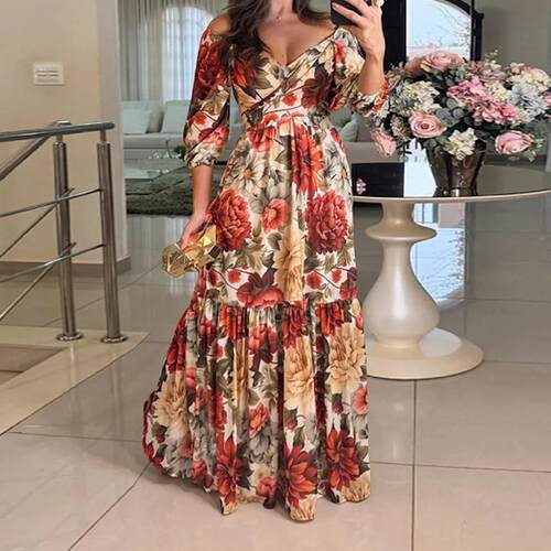 Lantern Sleeve Extra Long Dress Bohemian Style Floral