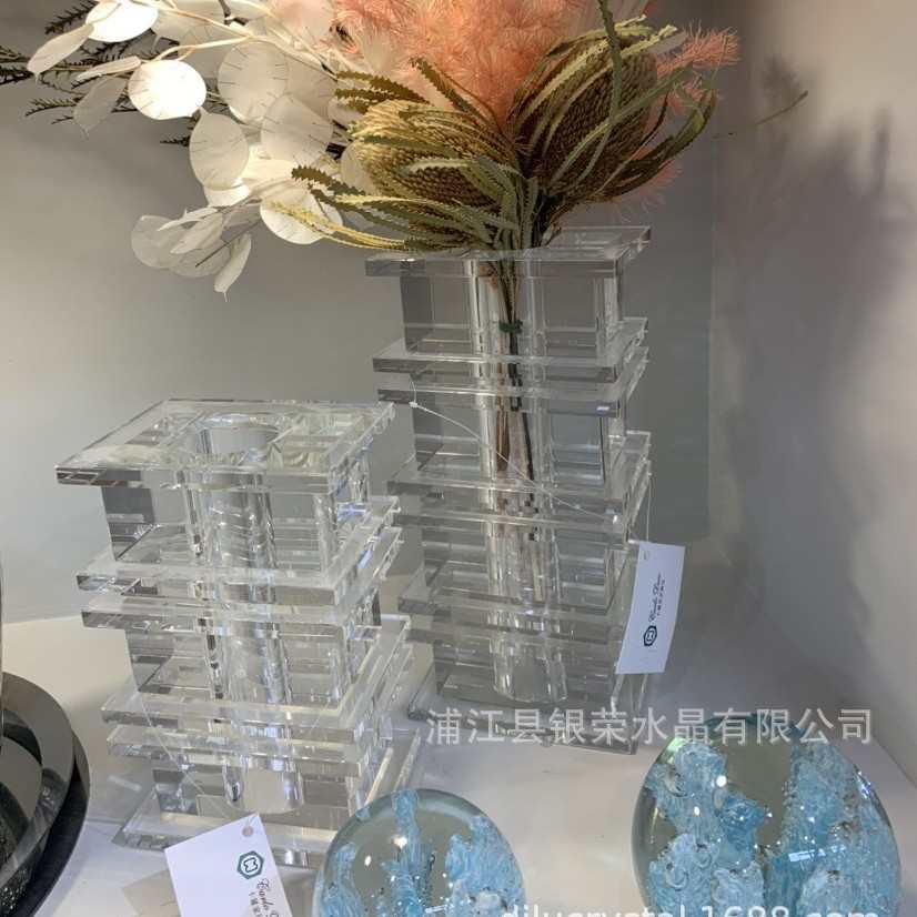 新品现货玻璃水晶花瓶 现代马赛克时尚插花欧式直筒花器装饰摆件